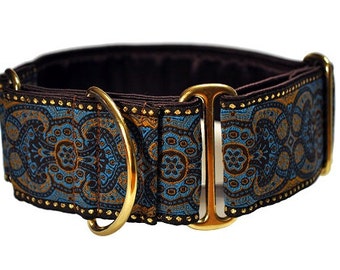 Martingale Collar or Buckle Dog Collar - Marseilles Jacquard in Blue Espresso - 2 Inch, Greyhound Collar, Great Dane Collar, Custom Collar