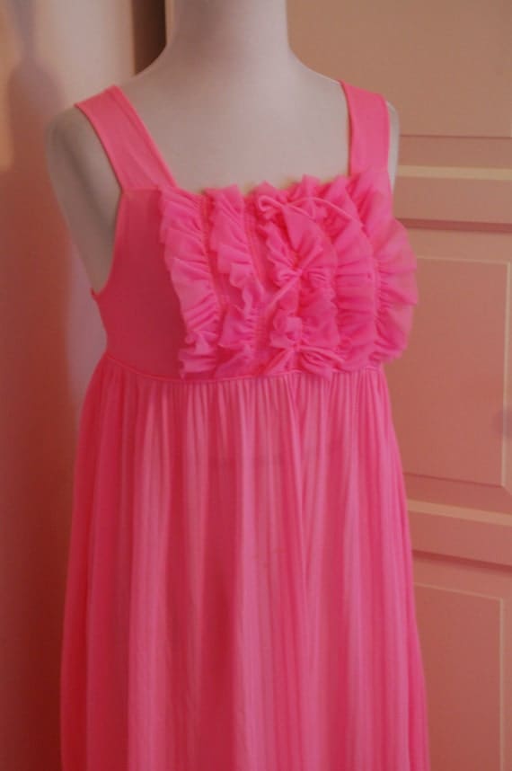 60s Hot Pink Chiffon Nightgown Lingerie Sleepware Negligee