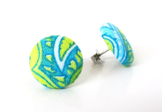 Tiny tropical earrings  blue button earrings  green by KooKooCraft