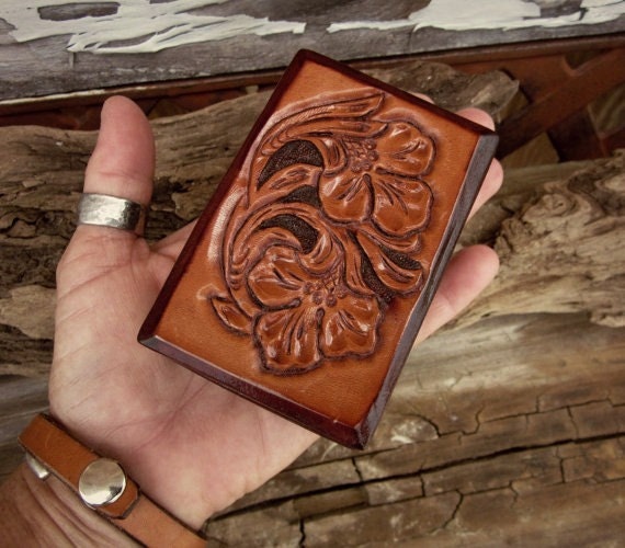 Small Leather Box with Carved Lid . Jewelry Box . Handcrafted