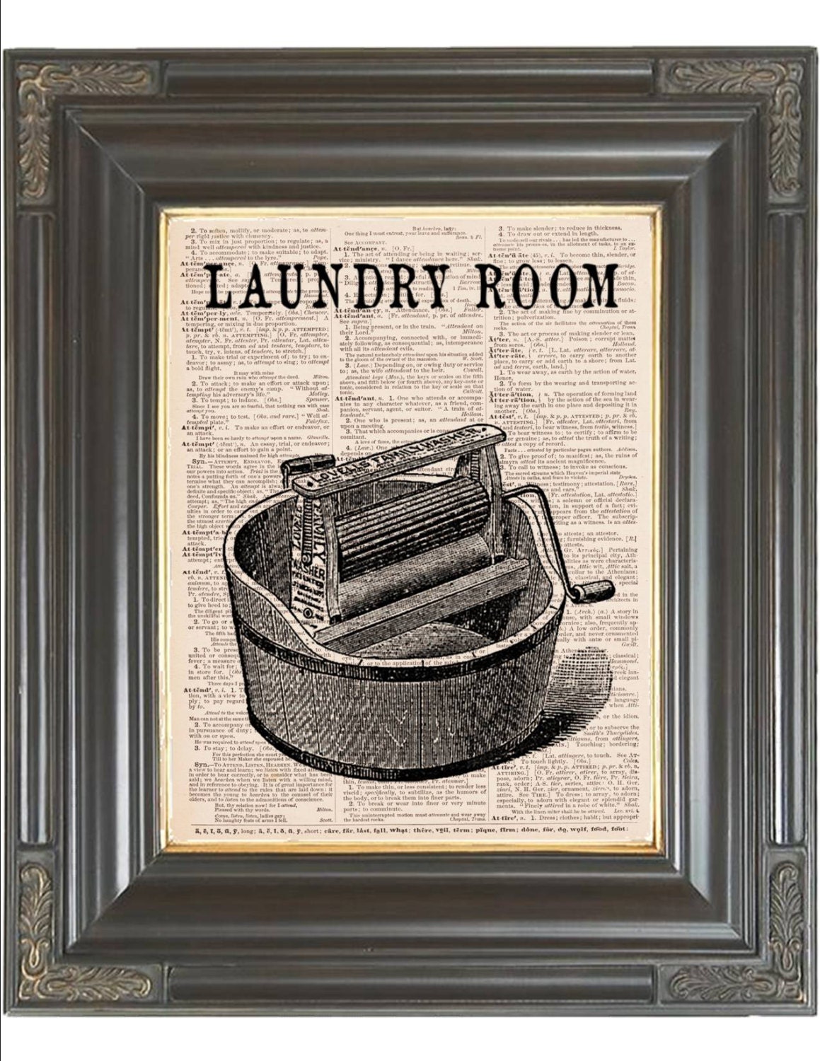 Laundry room sign wall art print on dictionary or music page