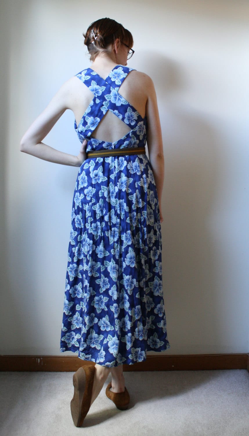 1990s Blue Floral Sundress - Cross Strap Resort Floral Maxi Dress - Womens S M