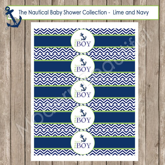 Lime and Navy water bottle labels, nautical water bottle labels, drink labels, nautical baby shower, chevron, Nautical2 INSTANT DOWNLOAD Il_570xn