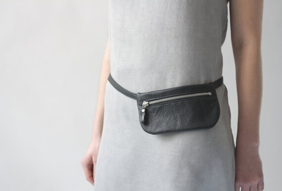 Flat Mini Genuine Leather Belt Bag Black, Fanny Pack, Hip Bag