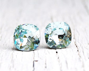 Icy Blue Aquamarine Earrings Super Sparklers Square Swarovski Crystal Icy Aqua Blue Stud Earrings Mashugana