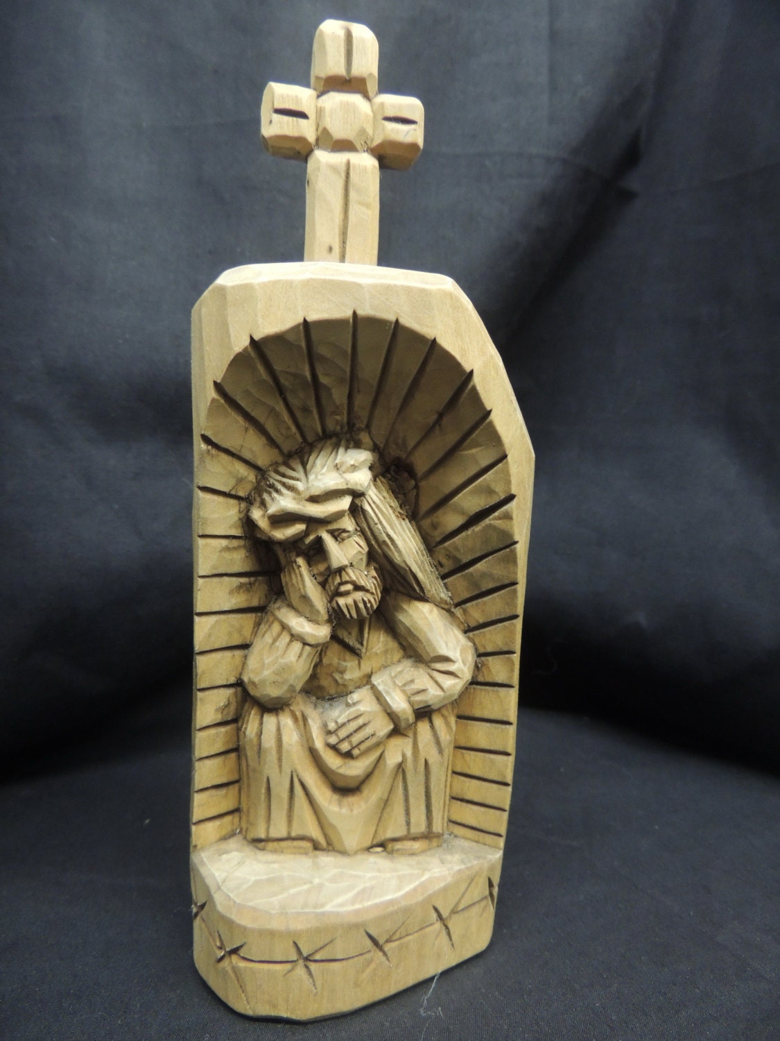 Wooden Hand Primitive Carved Wood Jesus Sad Christ by TimeWarpLLC