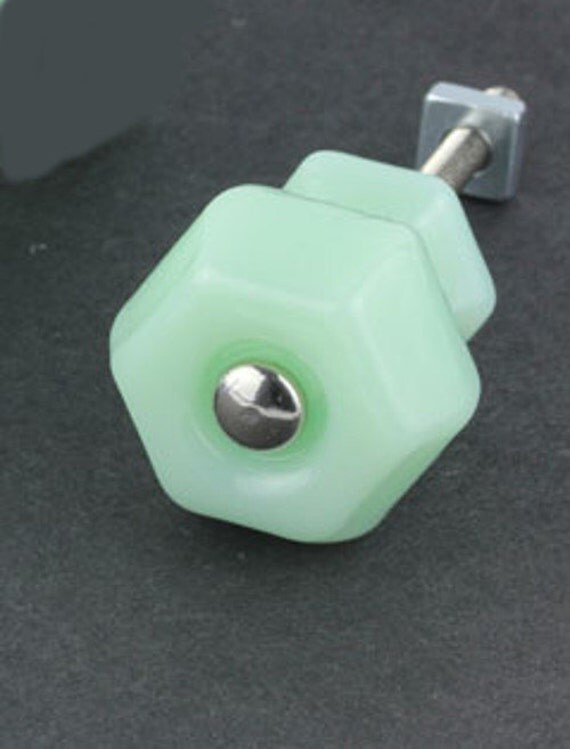 Set Of 8 Jadeite Green Milk Glass Knobs Antique