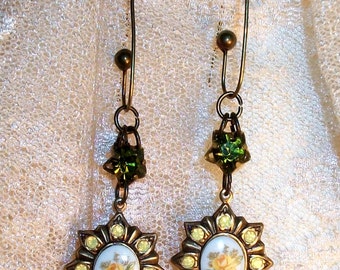 Yellow OPALESCENT GLASS EARRINGS, Beautiful Aged Brass Settings w/Small Yellow Glass Opal Rhinestones, Rose on White Glass