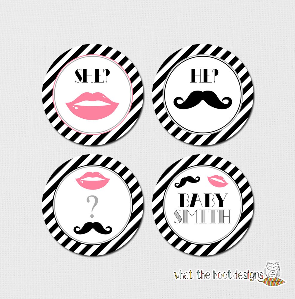 Printable Gender Reveal Party Cupcake Toppers Mustache and