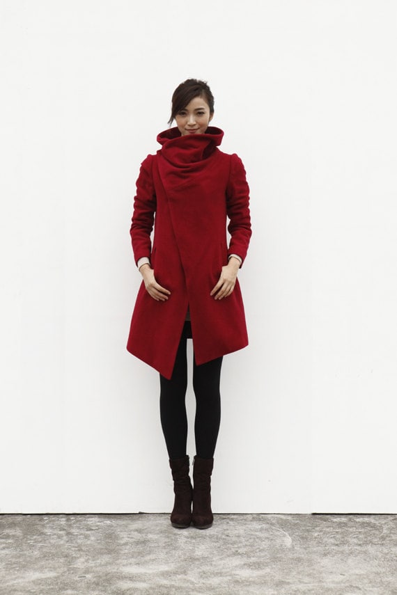 Wine Red Asymmetric Coat High Collar Wool Jacket by Sophiaclothing