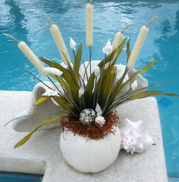 Pumpkin with seashells for Coastal Halloween Centerpiece Decoration