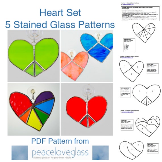 5 stained glass heart pdf patterns heart suncatchers instant