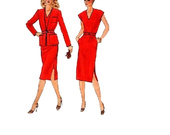 Retro Disco Dress 1980s Vogue 7584 Sewing Pattern New Wave Style Basic Collarless Jacket Belted Blazer Business Casual Uncut Bust 37