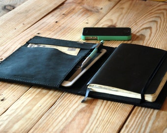 Travel journal cover. Ipad Mini cover. Notebook leather cover black. Large Moleskine leather cover. Travel accesories. Travel gift.