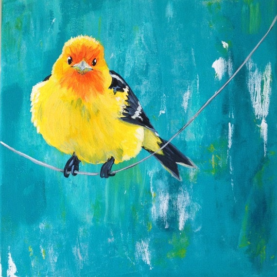 Yellow Bird Painting Aqua Turquoise Colorful Bird on a Wire