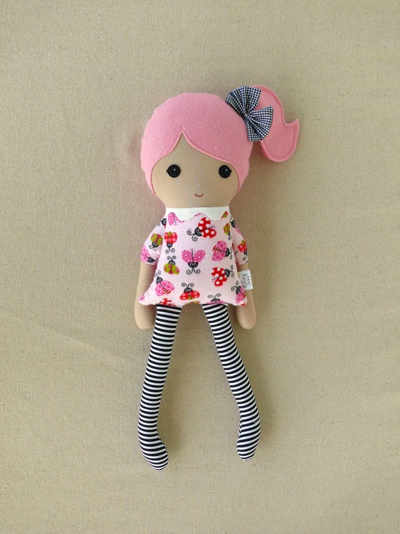 Fabric Doll Rag Doll Pink Haired Girl in Ladybug Dress