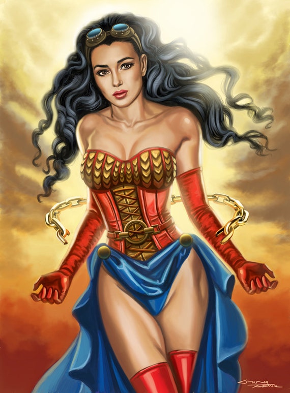 13x17 Signed Sexy Steampunk Wonder Woman Breaking Chains