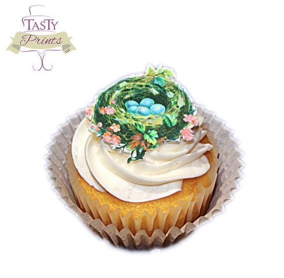 Nest Edible Decoration - 12 Cupcake Charms - Edible Print - Edible feather - Cupcake topper Il_570xn
