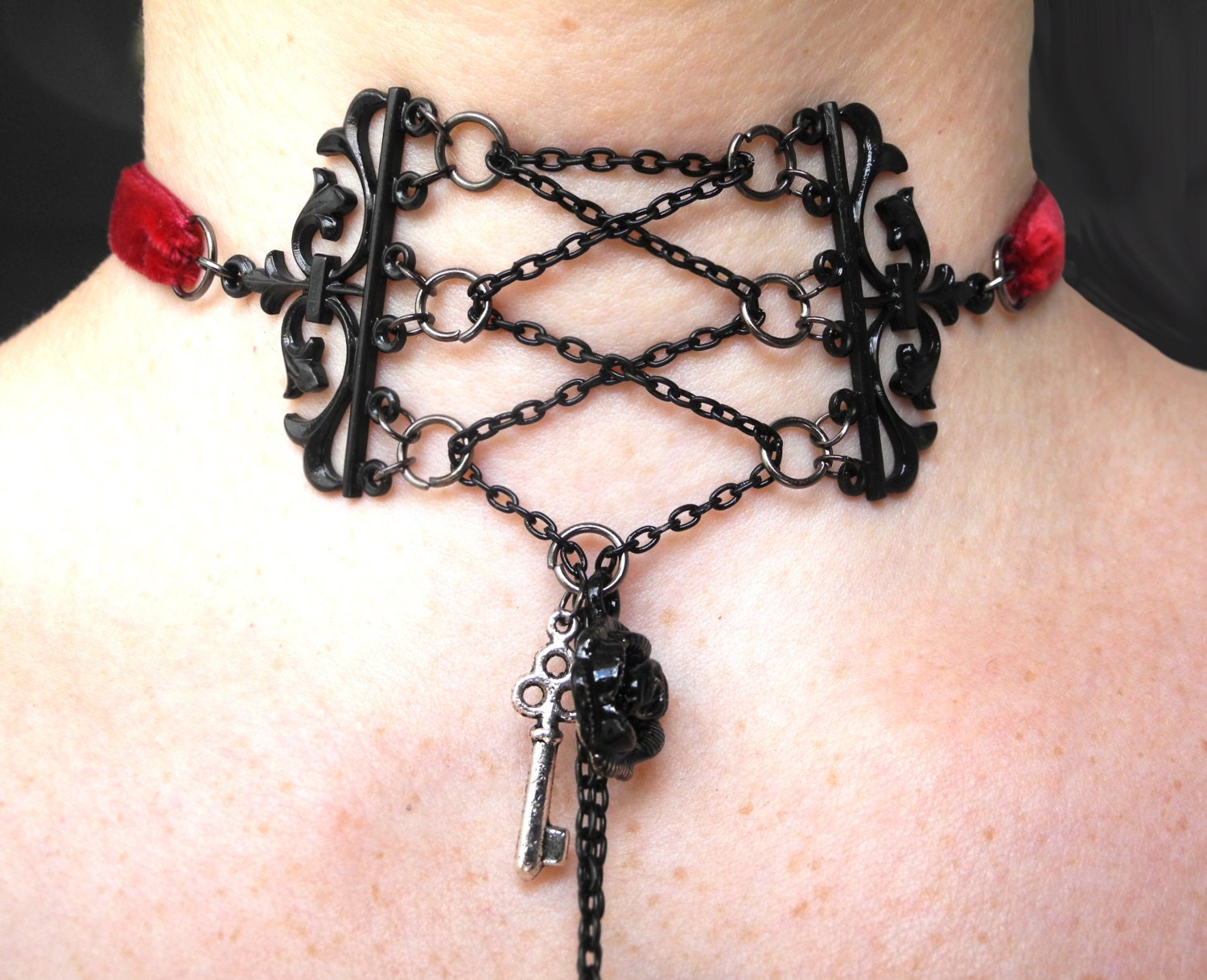 Gothic Choker Victorian Necklace Velvet Choker Black and Red