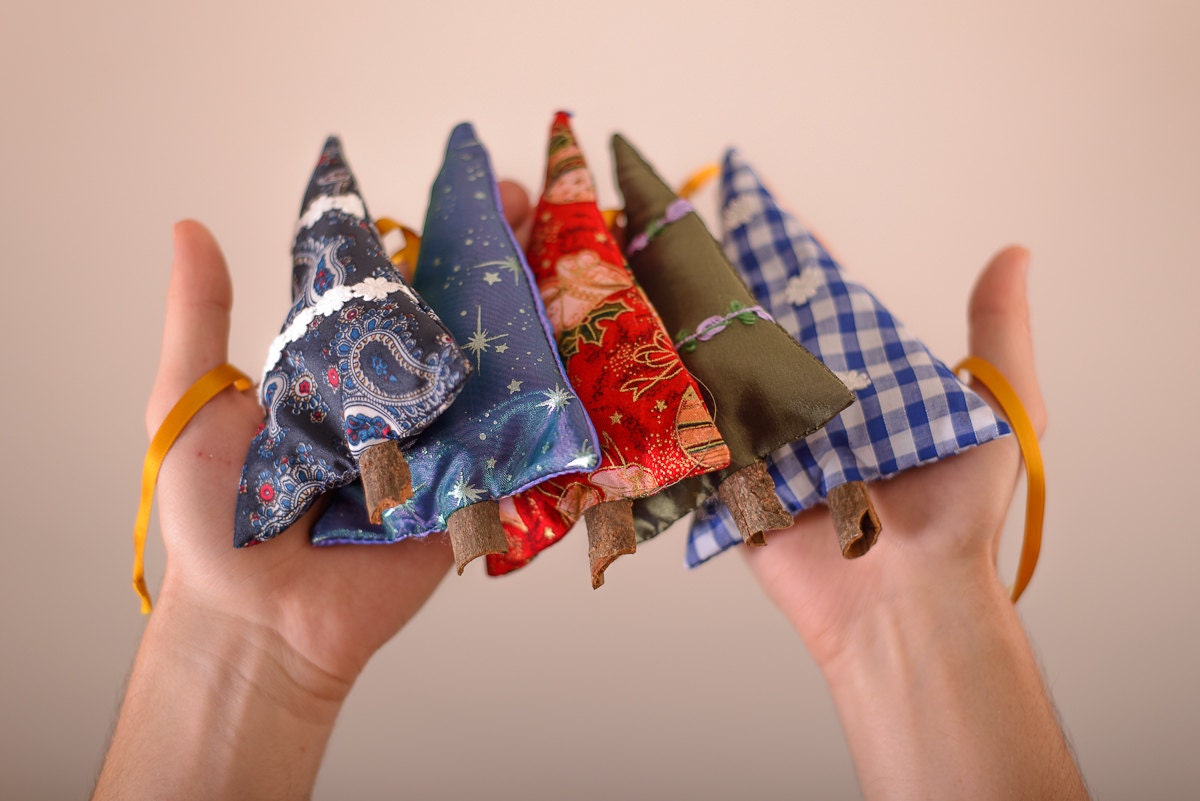 Christmas sachet on ribbon / handmade vintage style aromatic xmas trees on cinnamon stick / aromatherapy gift