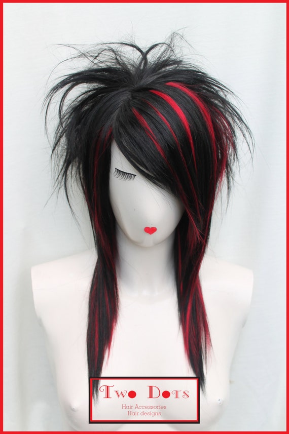 EMO Punk Rock Black & Red Wig. Synthetic Hair Short by TWODOTSHAIR