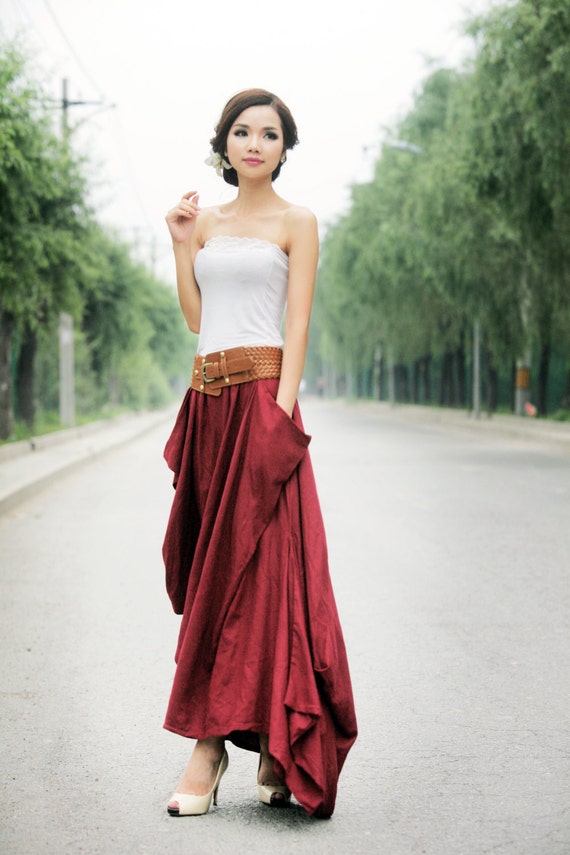 Red Maxi Linen Skirt Long Skirt Feminine Unique Design Red Maxi Linen Skirt Long Skirt Feminine Unique Design