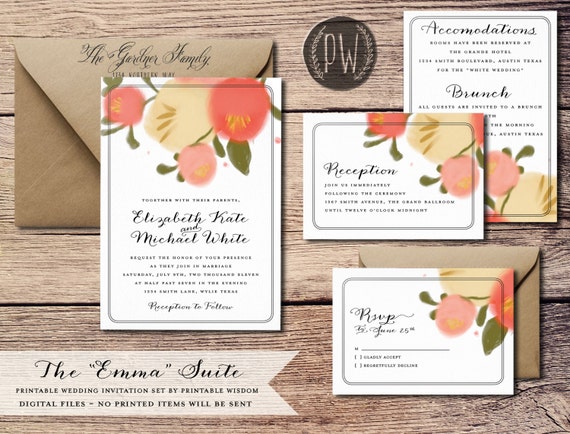 Printable Wedding Invitation Suite Floral wedding invite vintage style, rustic wedding RSVP enclosure, DIY invitation set - Do it yourself