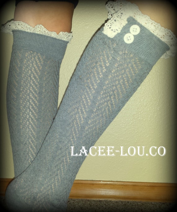 Medium Gray Boot knee high Socks cream lace trim color with