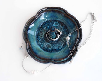Ceramic flower ring holder, Teal pottery ring dish, Ring bowl with glass accent