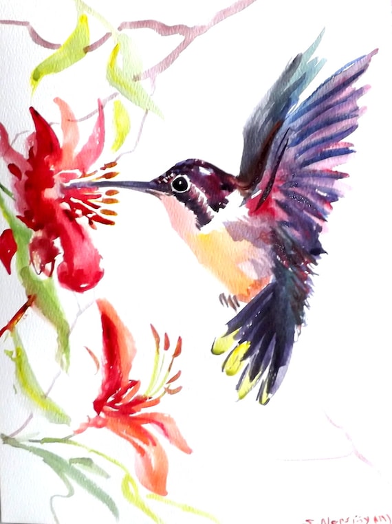 Hummingbird original watercolor painting 12 X 9 in flying