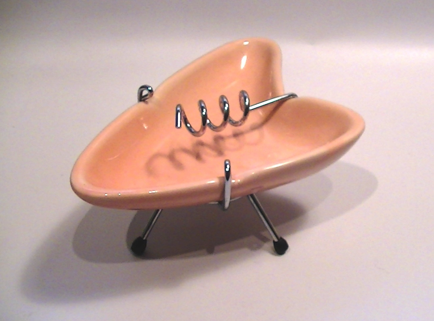 Vintage Atomic Pink Ceramic Ashtray with Stand