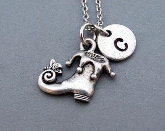 Jester shoe necklace, Jester charm, Joker charm, antique silver, initial necklace, initial hand stamped, personalized, monogram