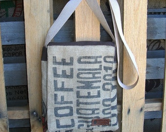 ... Shoulder Bag - Guatemala B lock Text - recycled burlap coffee bag