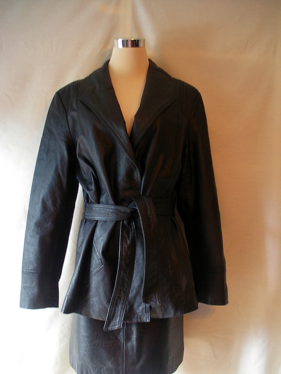8 10 12 Black Leather Coat Jacket 3/4 Length by CocoRoseVintage