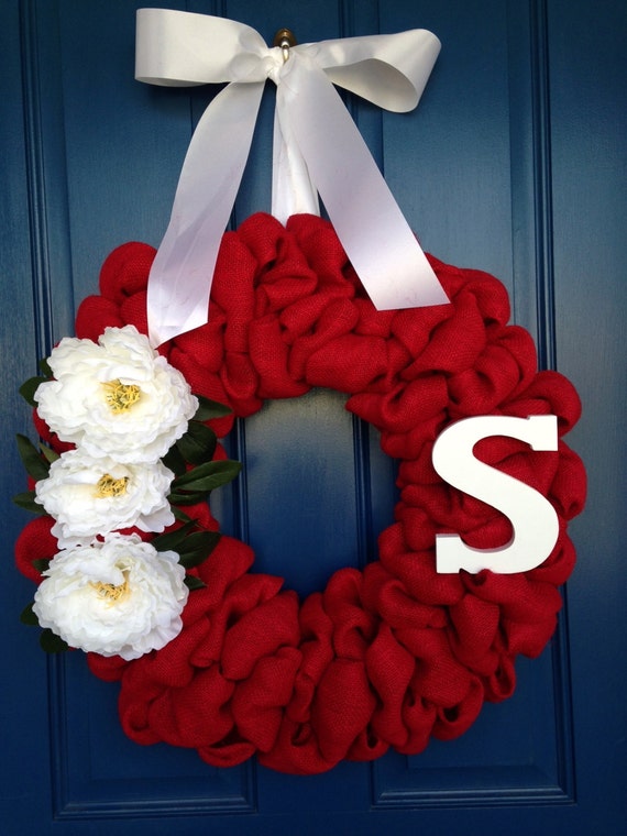 Red Burlap Wreath with White Accents