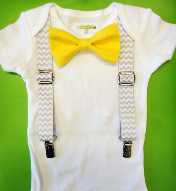 Baby Boy Clothes - Yellow Bow Tie Baby Outfit - Suspenders & Bow Tie Bodysuit - Baby Tuxedo - Grey Chevron Suspenders - Interchangeable by NoahsBoytiques