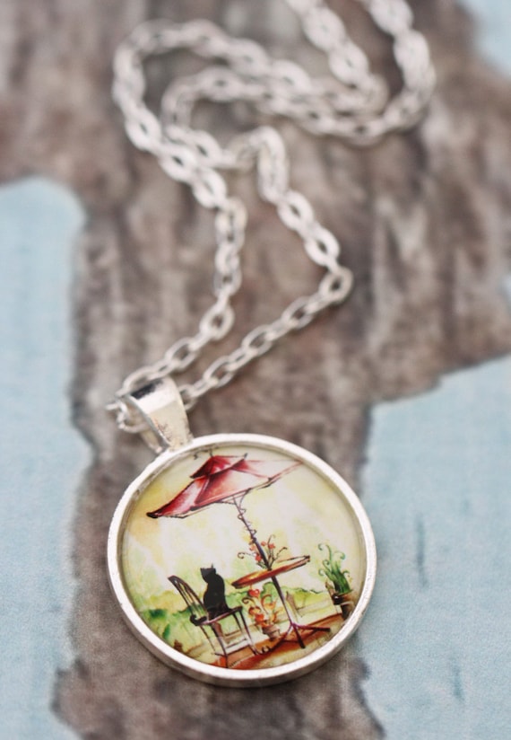 French Cafe Kitty Cat - silver or bronze pendant necklace