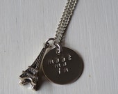 Necklace hand stamped - Meet Me In + Eiffel Tower