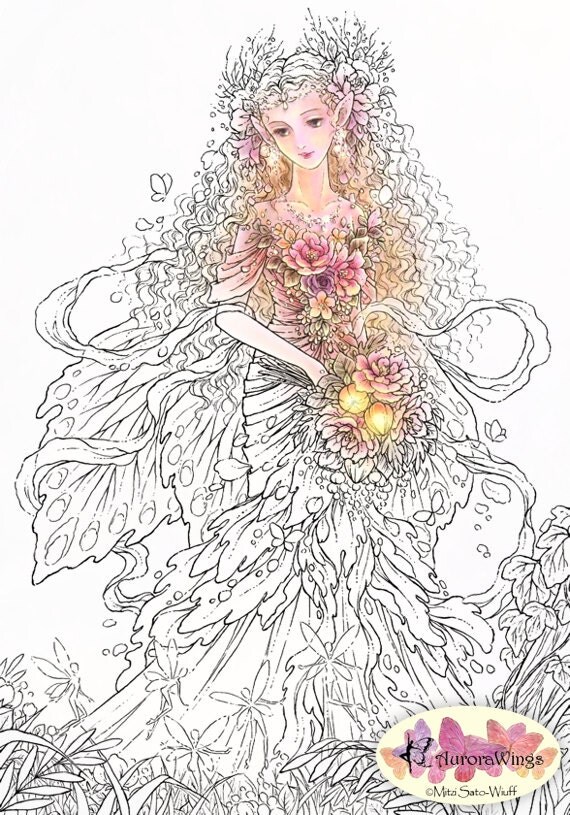 Digital Stamp - Lady of the Forest - Elf Queen in Beautiful Dress - coloring - Fantasy Line Art for Cards & Crafts by Mitzi Sato-Wiuff