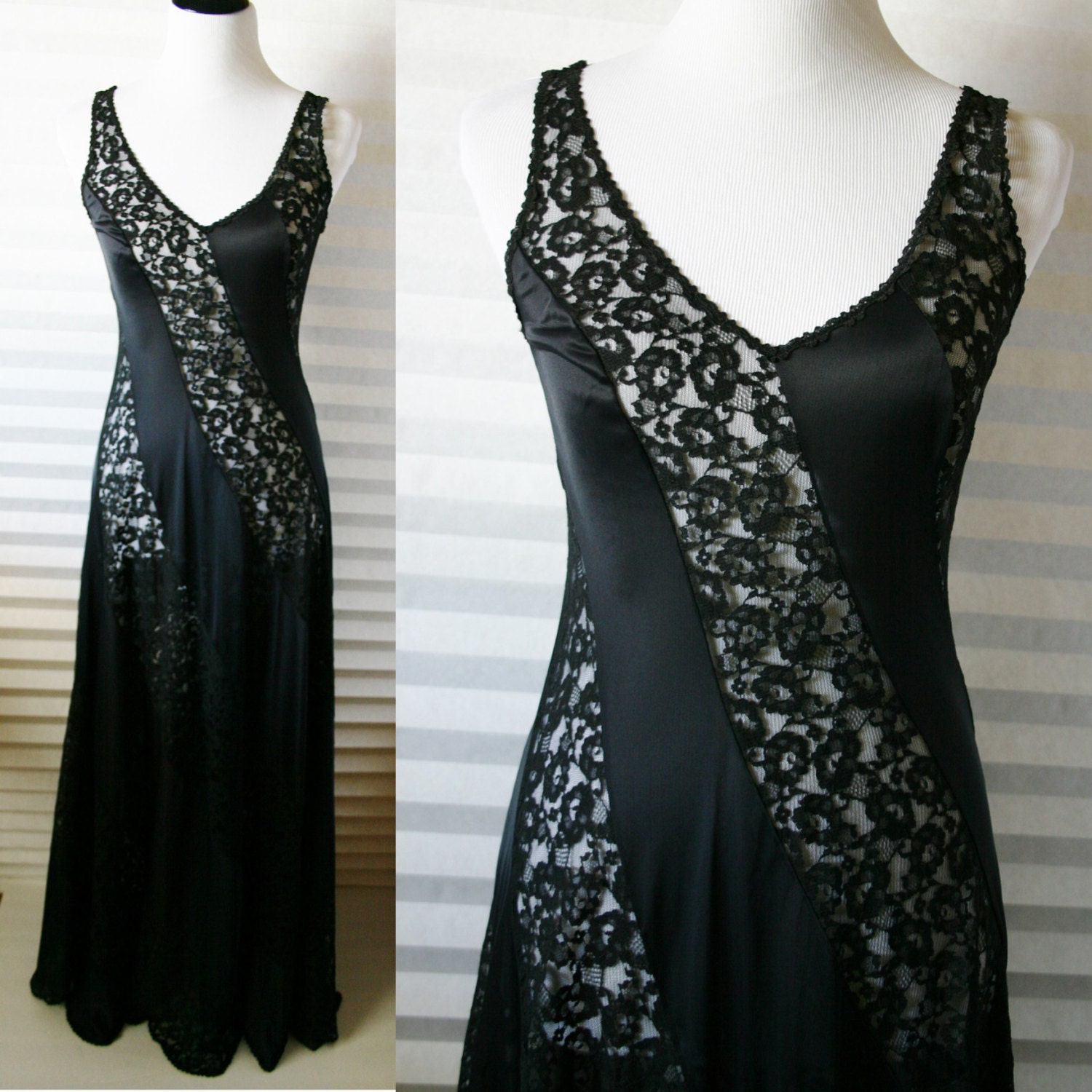 ON SALE Vintage Lingerie / Black Lace Slip Dress / 30's