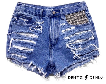 High Waisted Blue Denim Shorts - Front Pocket Stud / Shredded - Blue Jean Shorts - Plus thru Petite Size