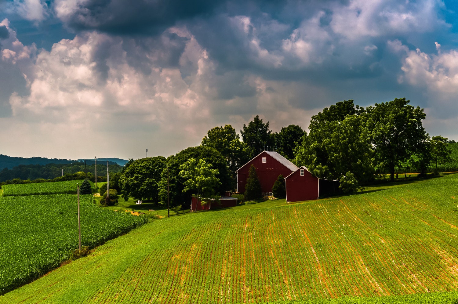 Barn and rolling farm fields under stormy by JonBilousPhotography