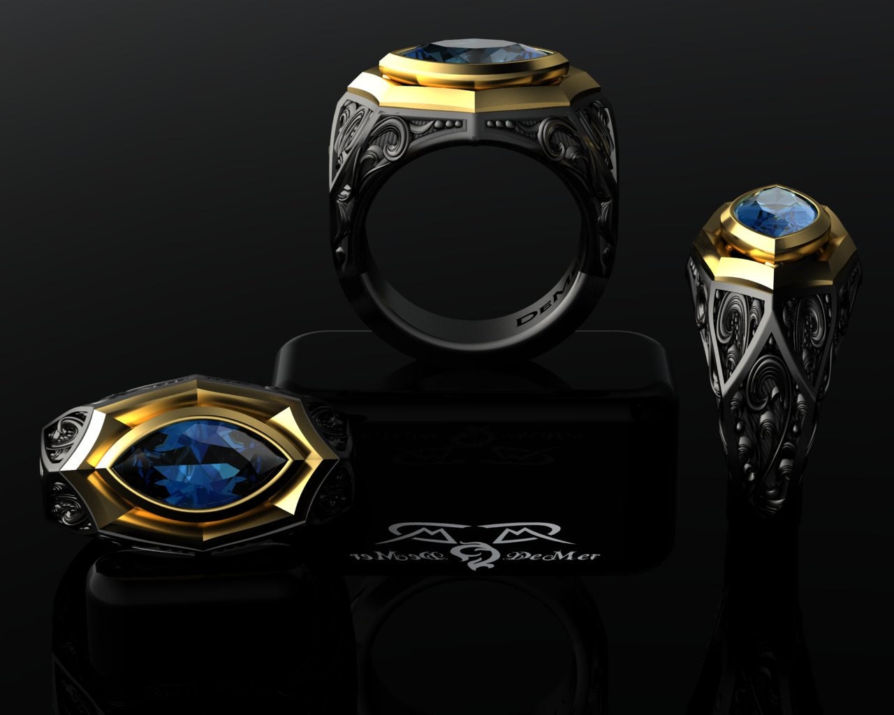 Cigar Band Ring. 14k european gold black silver. London blue