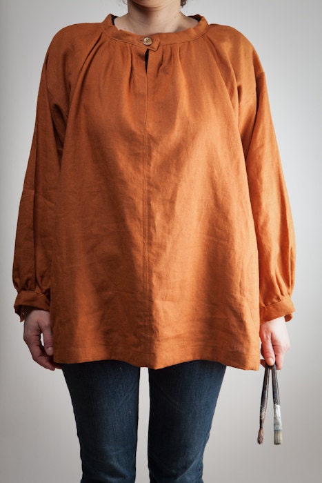 painter's smock - pure linen - woman - rust - hand made