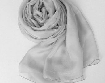 Light Gray Silk Scarf - Light Grey Mulberry Silk Chiffon Scarf - AS5