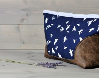 Recycled Leather Make Up Bag Makeup Storage Brush Holder Large Make Up Organizer Toiletry Cosmetic Bag Pouch Navy Blue Swallow Bird