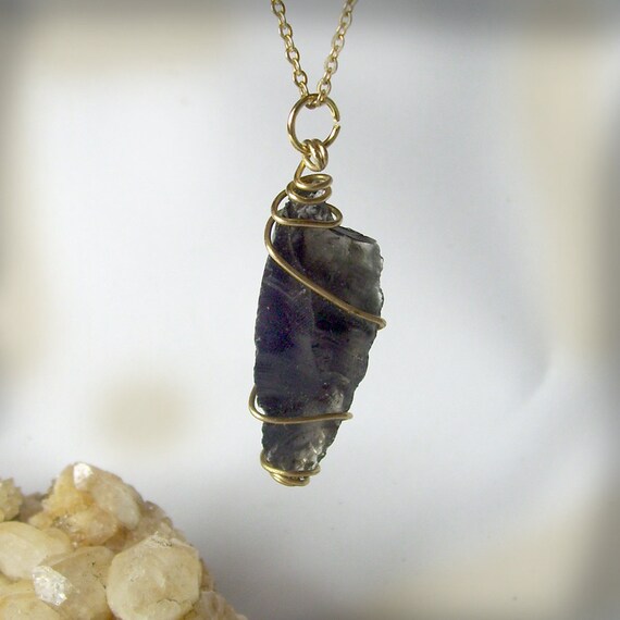 Black Obsidian Shard Pendant / 14K gold plate by GypsumMoonRocks