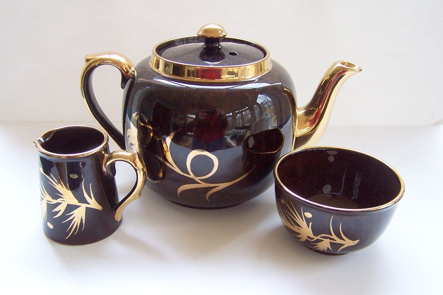 Gibsons England Teapot Sugar and Creamer Brown Gold Tea Pot