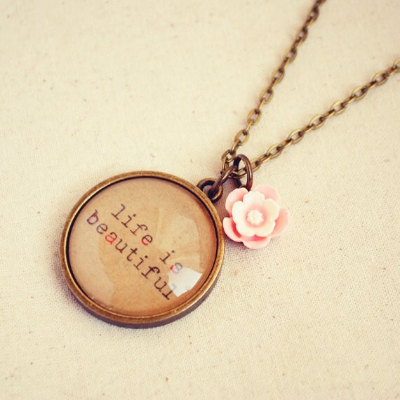 Antique Bronze Life is Beautiful Type Necklace with Pink