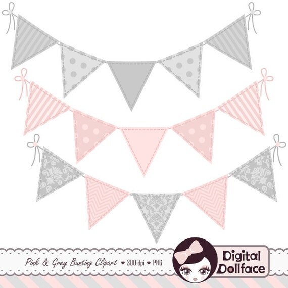 Pink and Grey Bunting Banner Clipart, for Commercial Use, Flag Banner ...